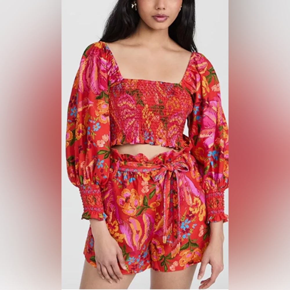 Farm Rio 2-Pc Set: Red Spring Bananas Floral Puff Sleeves Crop Top & Shorts - XS